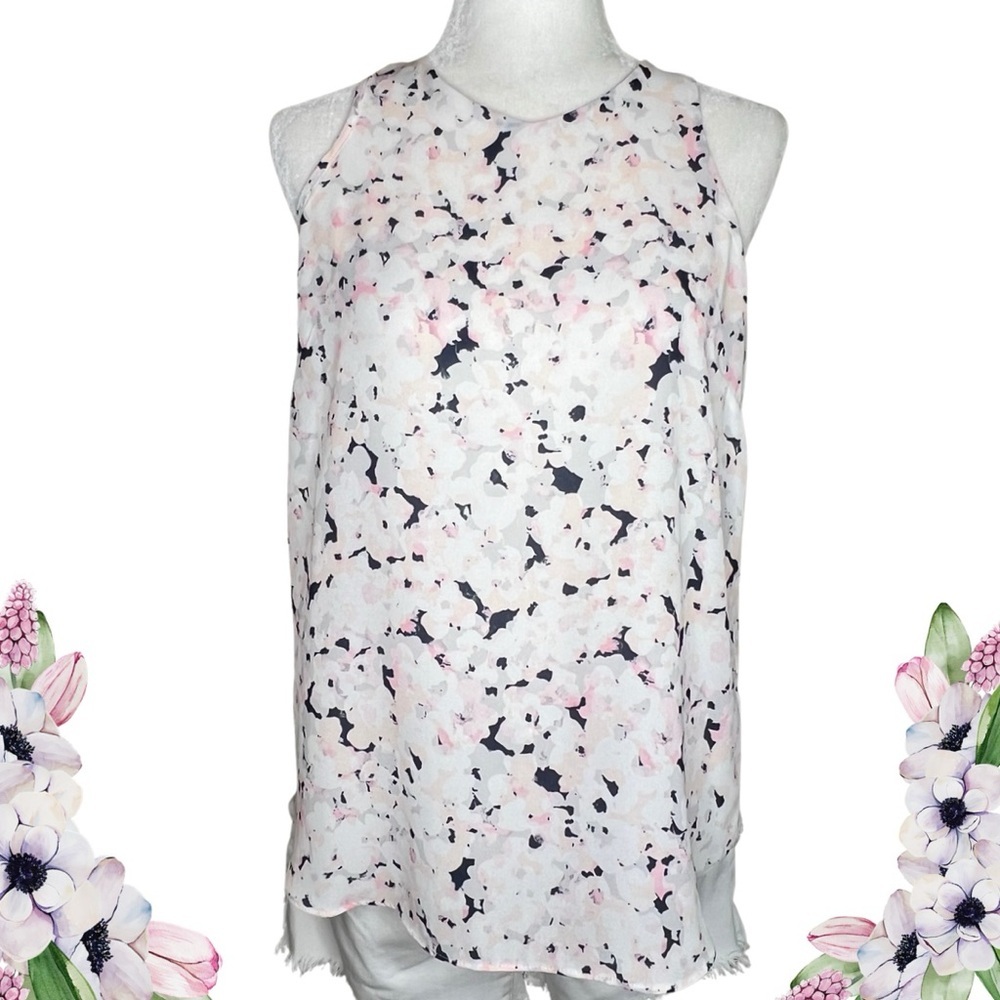 Alice Collection Floral Watercolor Chiffon Sleeveless Blouse White Pink Small S